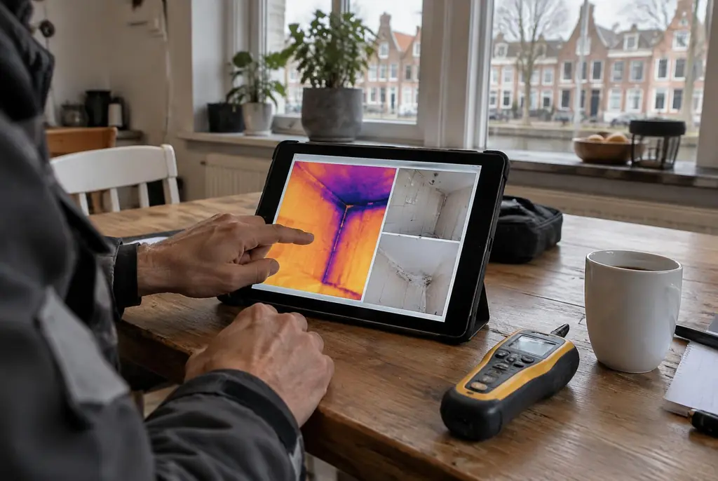 Lekdetectie Kortenhoef – lekdetectierapport met warmtebeelden en foto's op een tablet
