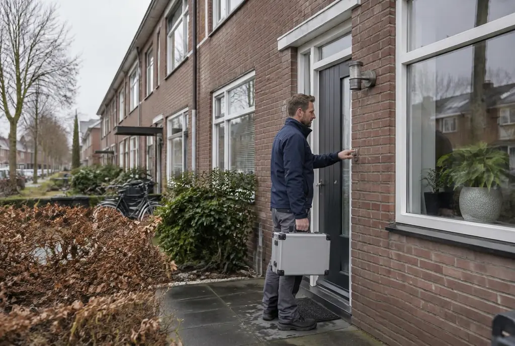Lekdetectiespecialist met meetkoffer bij de voordeur van een woning in Kortenhoef